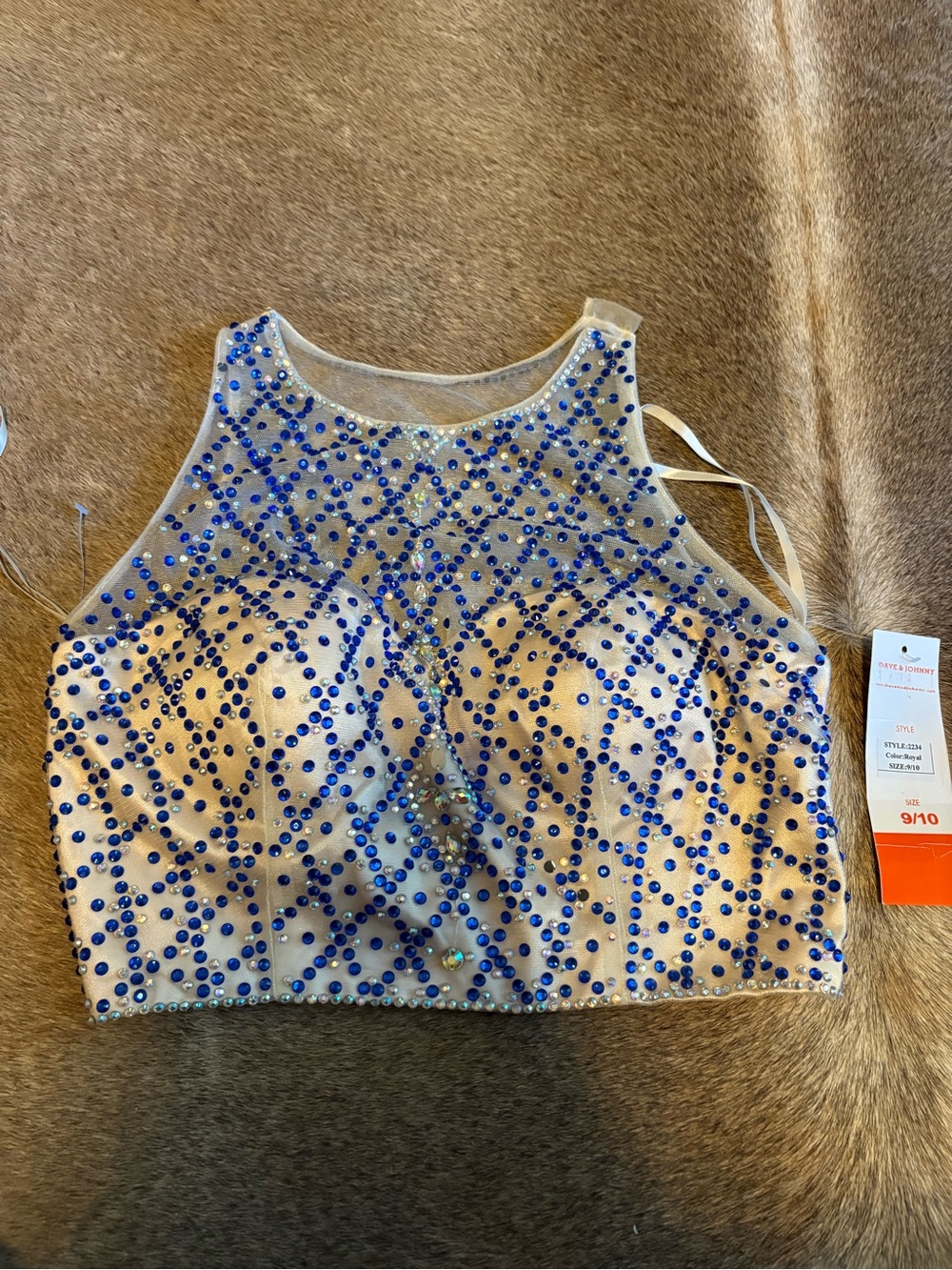 Ivory Sheer Crop Top with Royal Blue Rhinestones